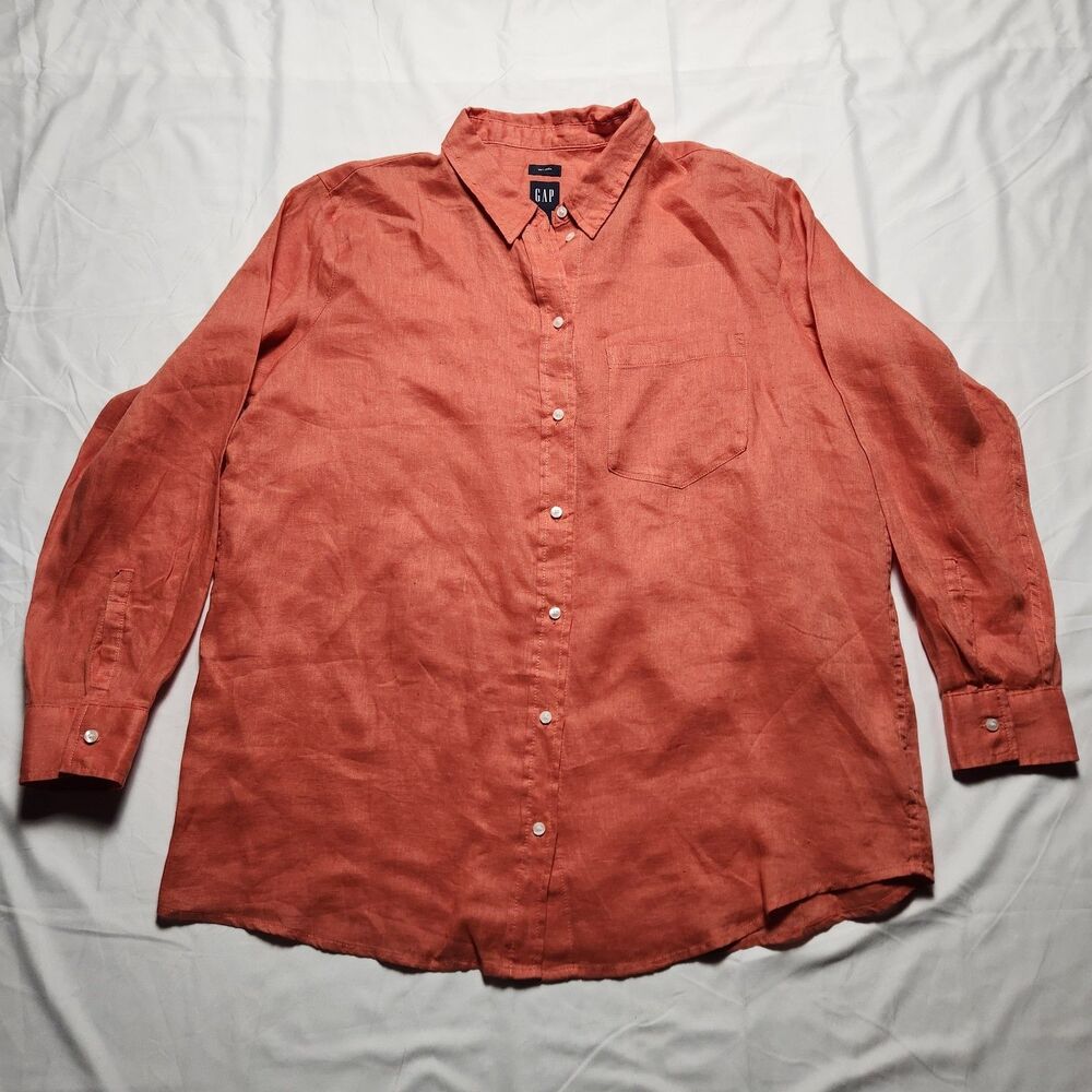NWT Gap Womens XL Linen Boyfriend Shirt Orange Button Front Relaxed Lightweight